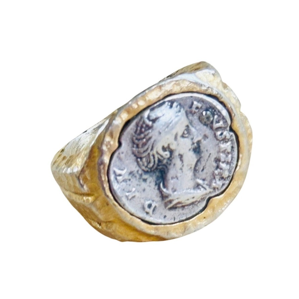 Tat2 Designs Tat Cocktail Coin Ring Statement textured Gold Plated Chunky Sz7.5